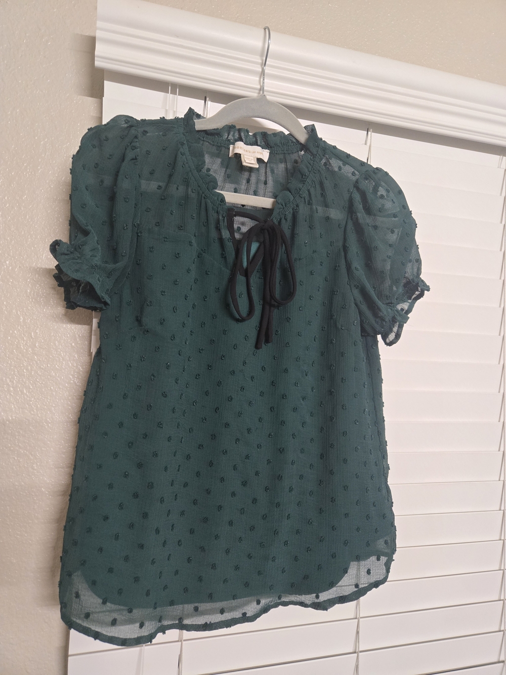 Monteau Teal Swiss Dot Tie-Neck Blouse